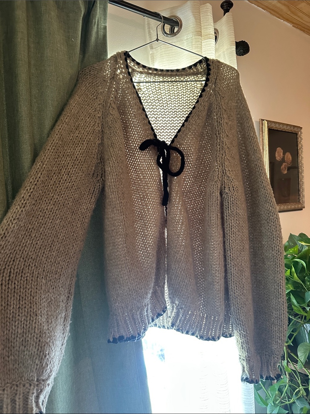 SHEIN Taupe Open-Knit Cardigan with Black Trim